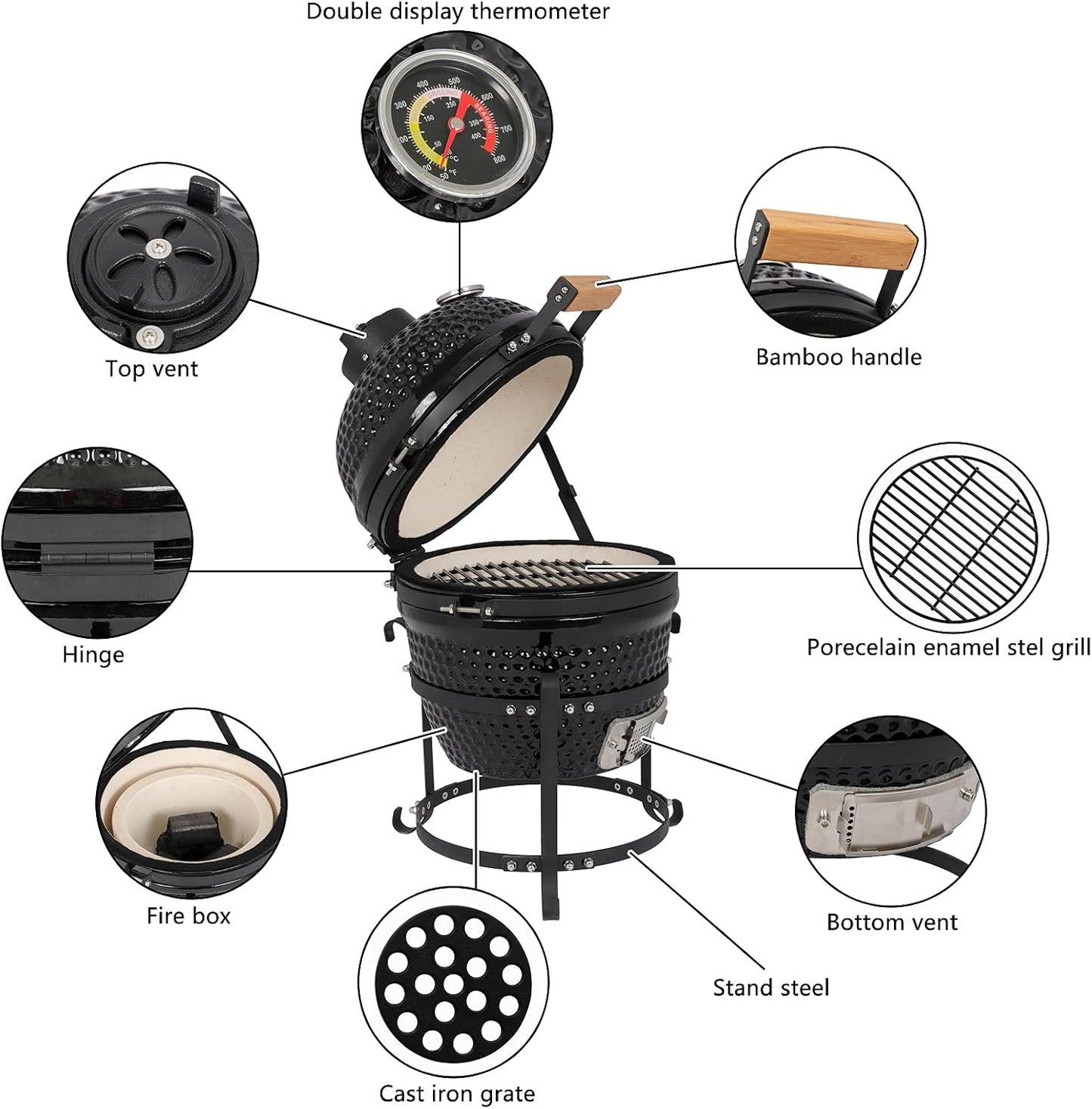 13" Ceramic Kamado Grill, Black
