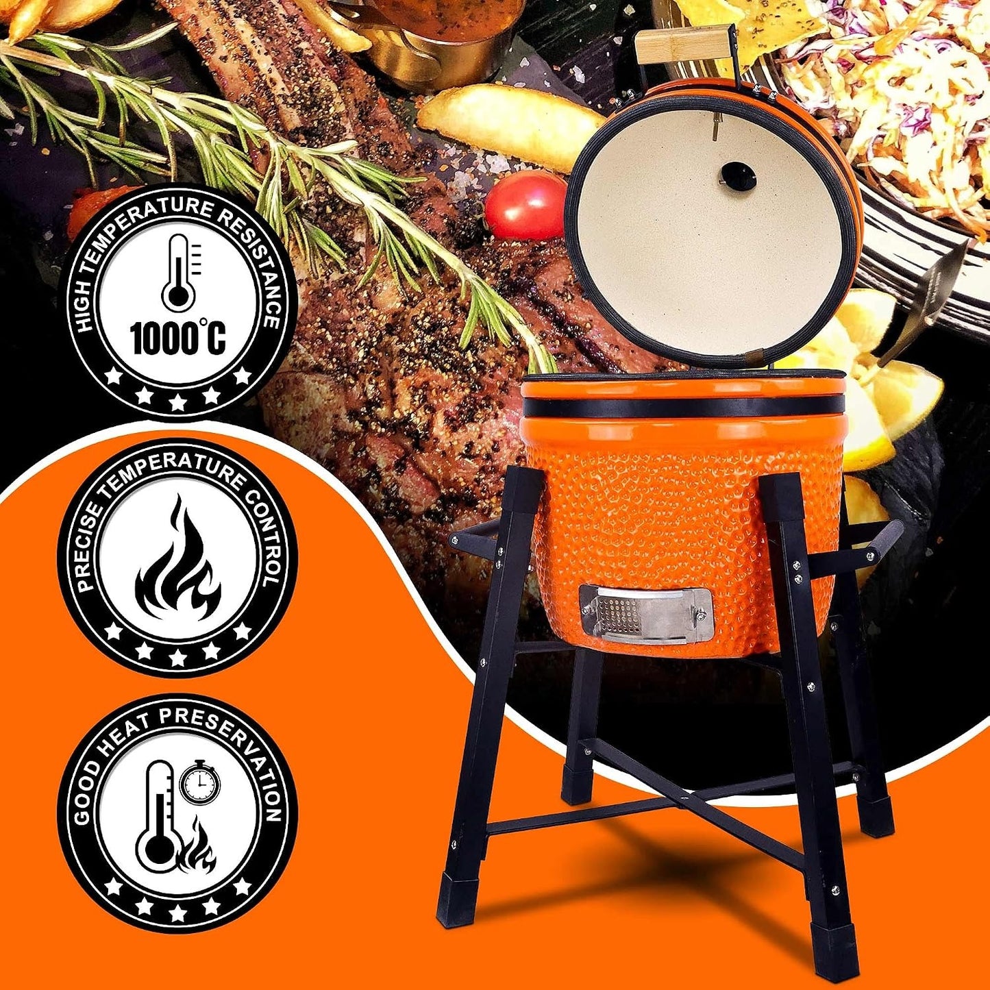 15" Ceramic Kamado Grill, Orange