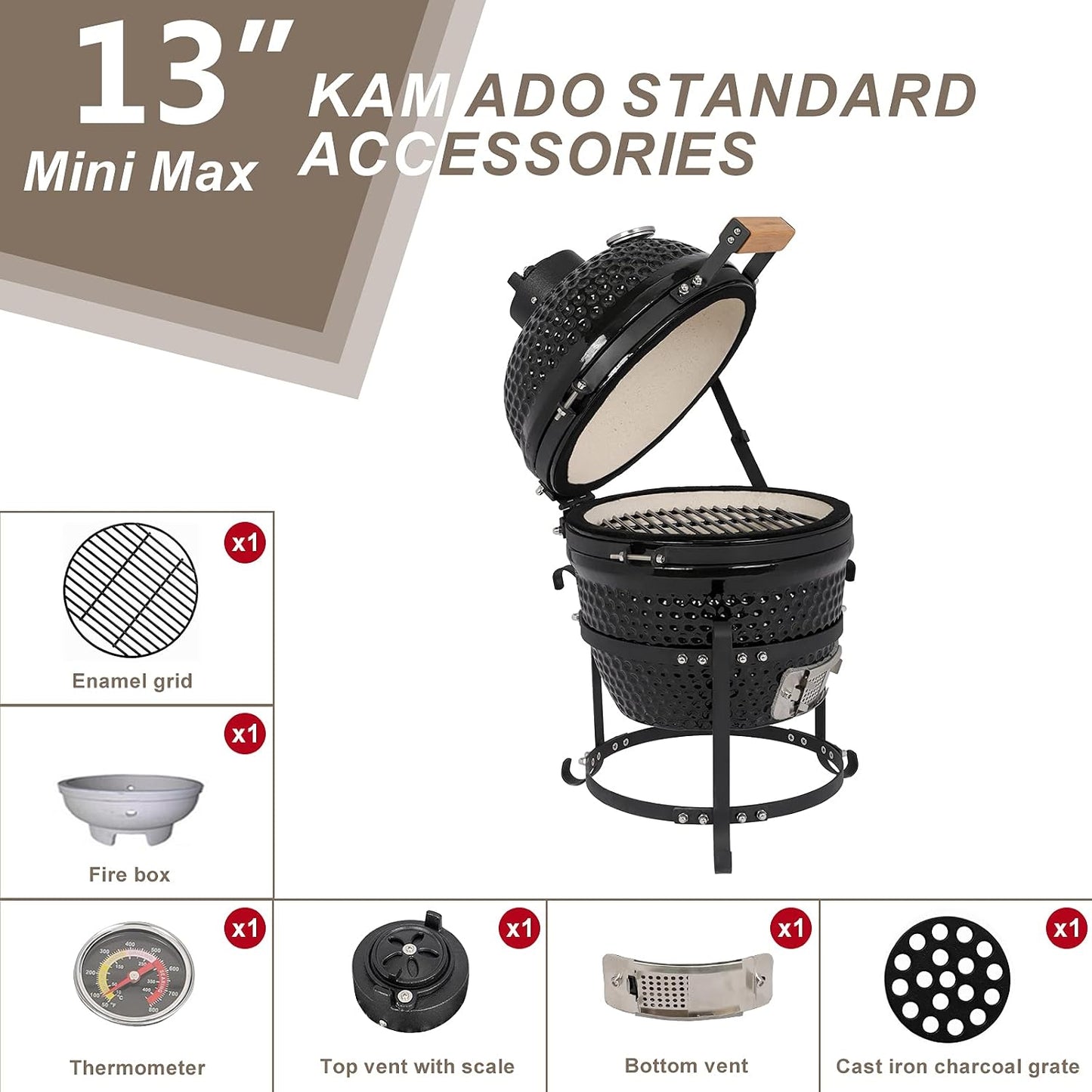 13" Ceramic Kamado Grill, Black