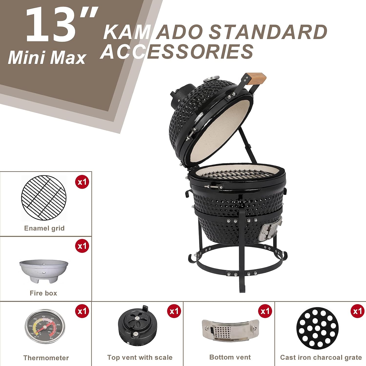 13" Ceramic Kamado Grill, Black