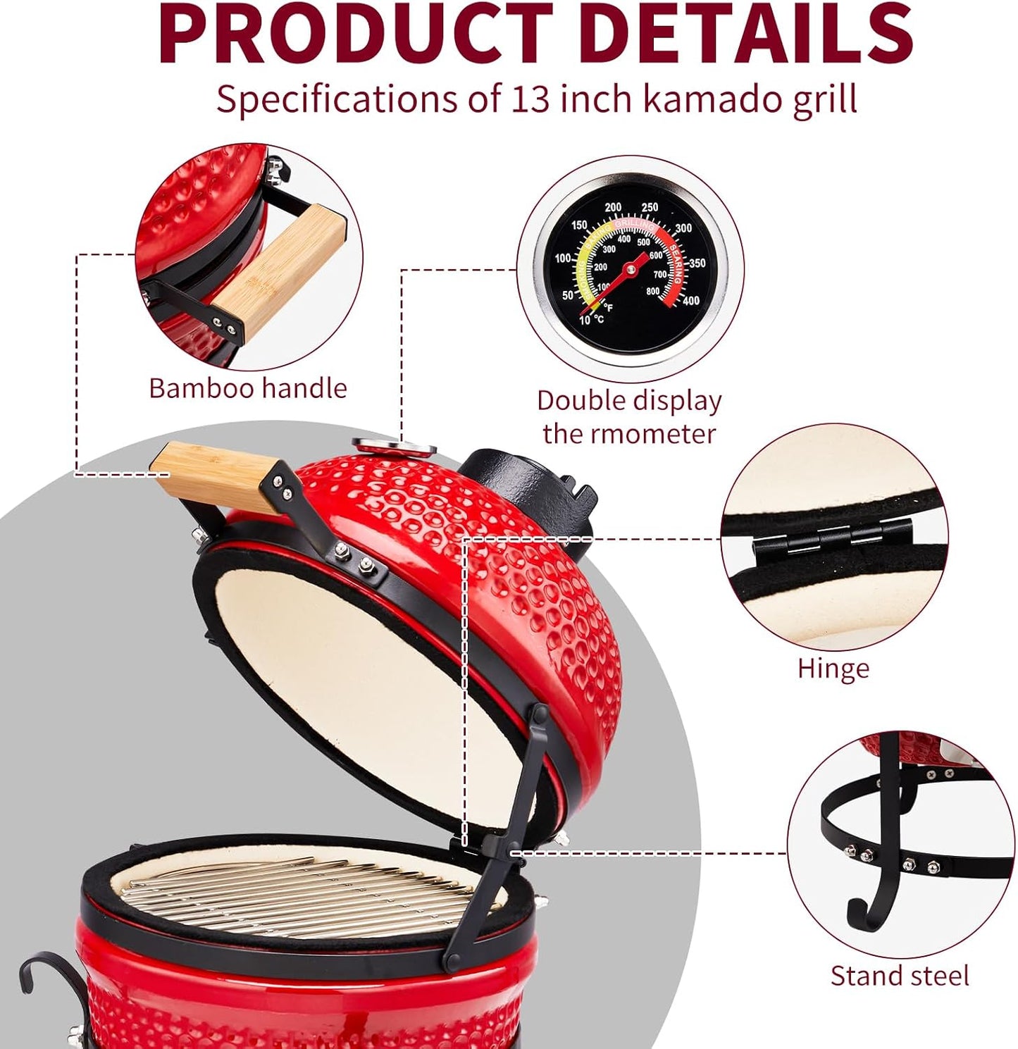 13" Portable Kamado Grill, Red