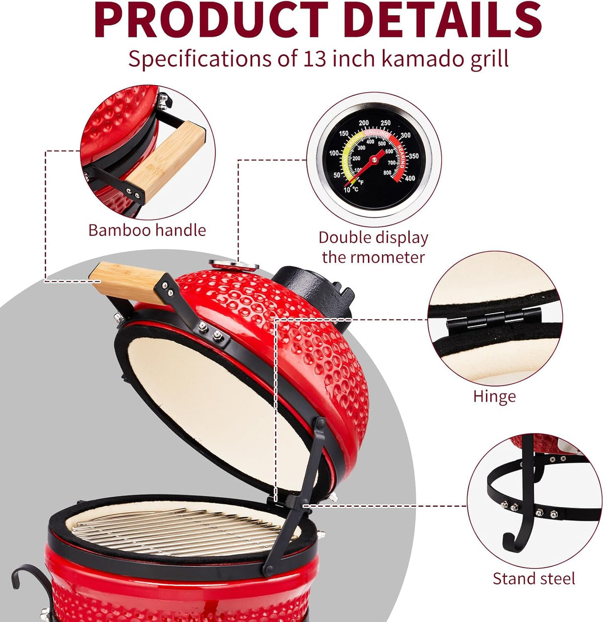 13" Portable Kamado Grill, Red