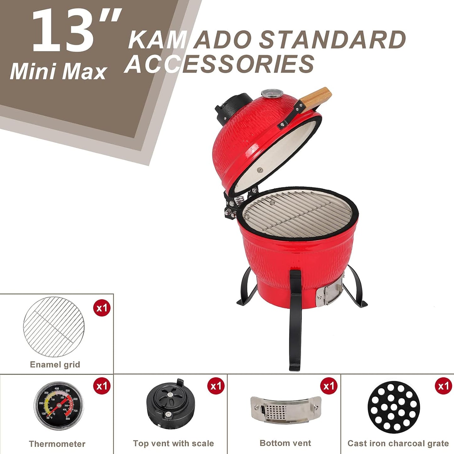 13" Ceramic Kamado Grill, Red