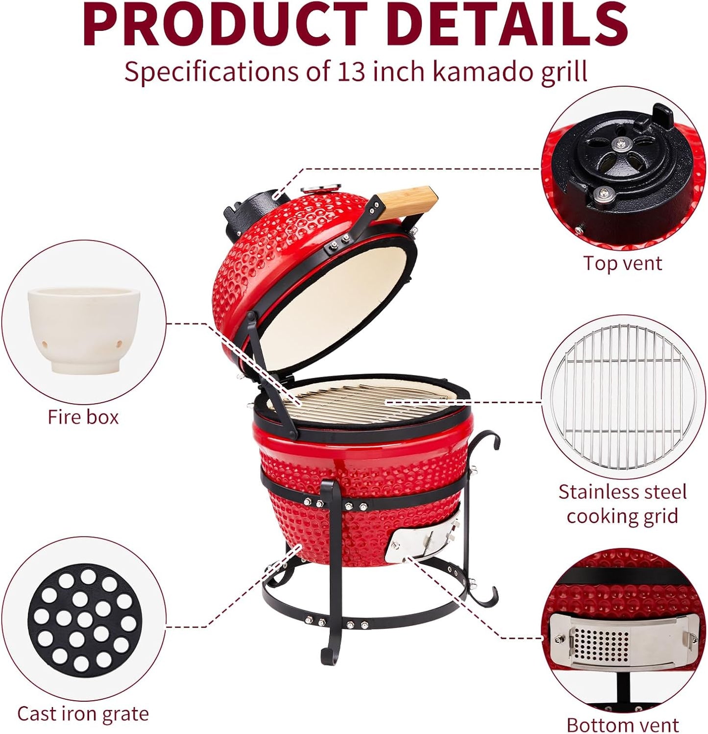 13" Portable Kamado Grill, Red