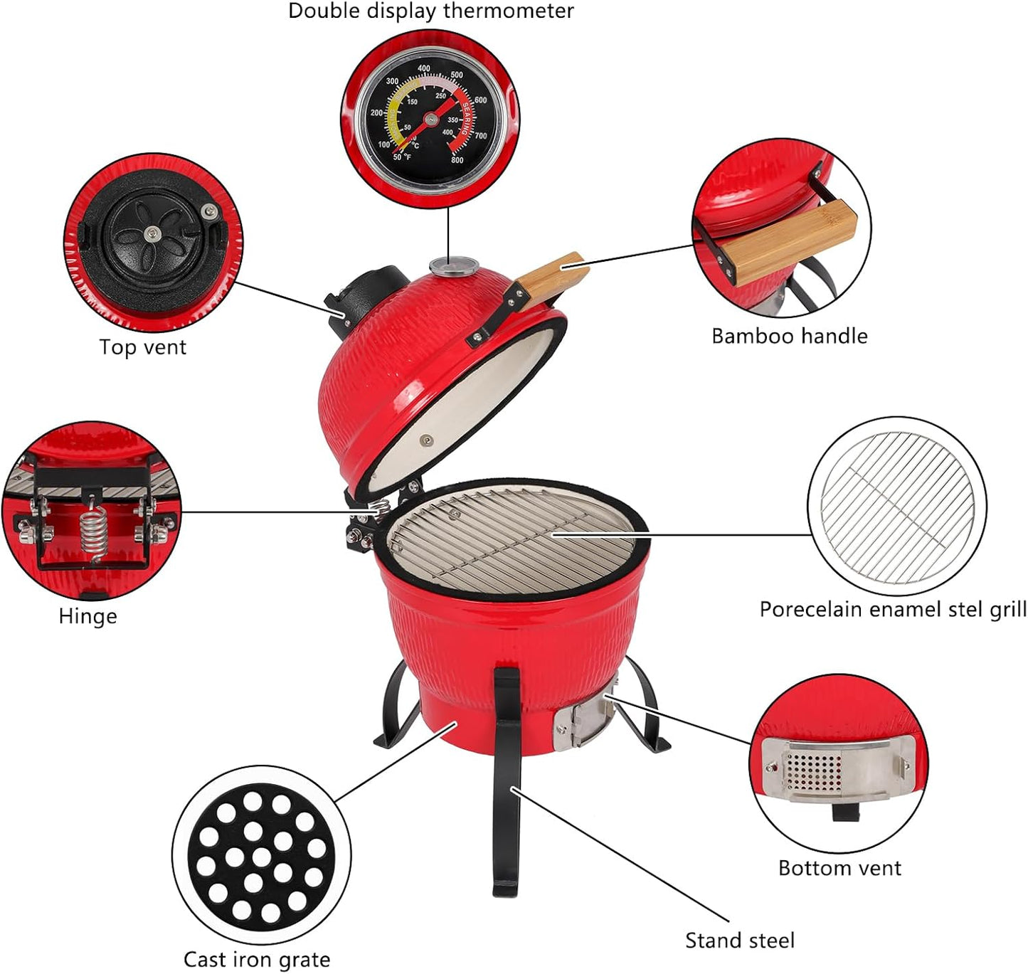13" Ceramic Kamado Grill, Red