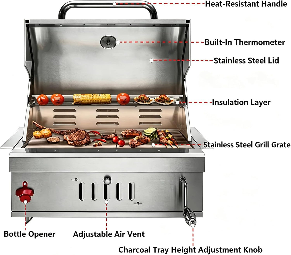 Large Built In 28 Inch Charcoal BBQ Grill