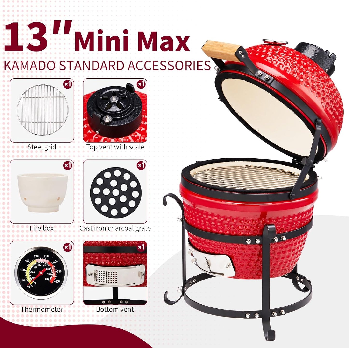 13" Portable Kamado Grill, Red