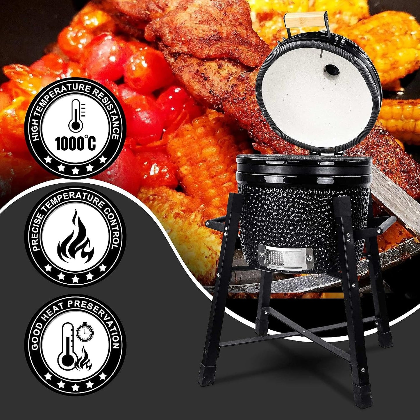 15" Ceramic Kamado Grill, Black